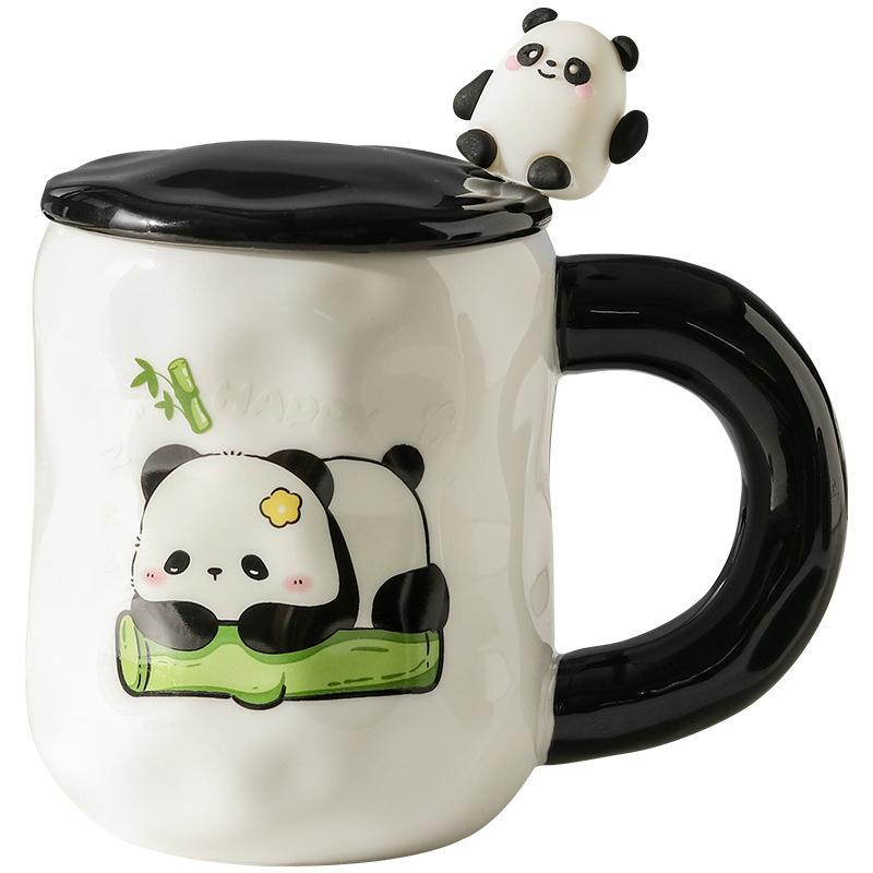 Hochwertige Niedliche Panda Keramiktasse für Mädchen Becher mit Deckel Löffel für Paare mit großem Fassungsvermögen Trinkwasser für den Haushaltsgebrauch