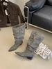 Pointed pile boots autumn and winter new belt buckle high knight boots thick heel pleated boots