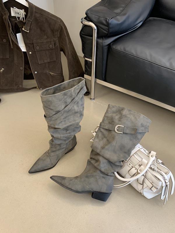 Pointed pile boots autumn and winter new belt buckle high knight boots thick heel pleated boots
