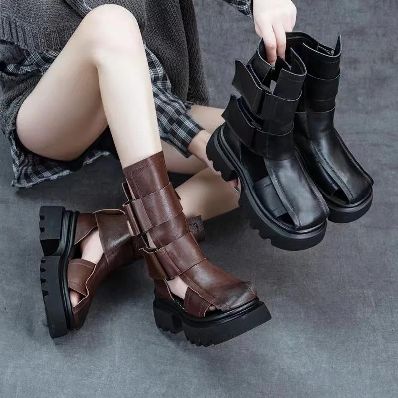 Fashion 6.5CM New Women Gladiator Sandals Summer Thick High Heel Platform Genuine Leather Hollow Roman Sandals Women Mid Calf Cool Boots