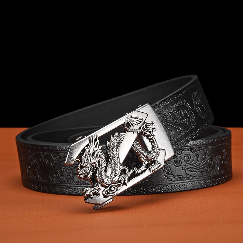Men's Business Casual Cowhide Leather Belt with Vintage Copper Dragon Automatic Buckle