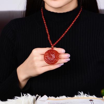 Natural Red Agate Dragon and Phoenix Bagua Pendant Necklace