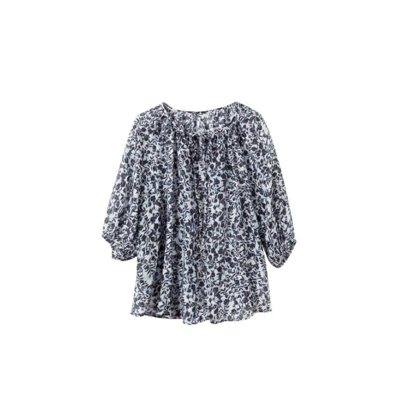 Summer New Seven Quarter Sleeve Lace Up Printed Top for Women Fashionable and Versatile Loose Fitting Shirt Small Top