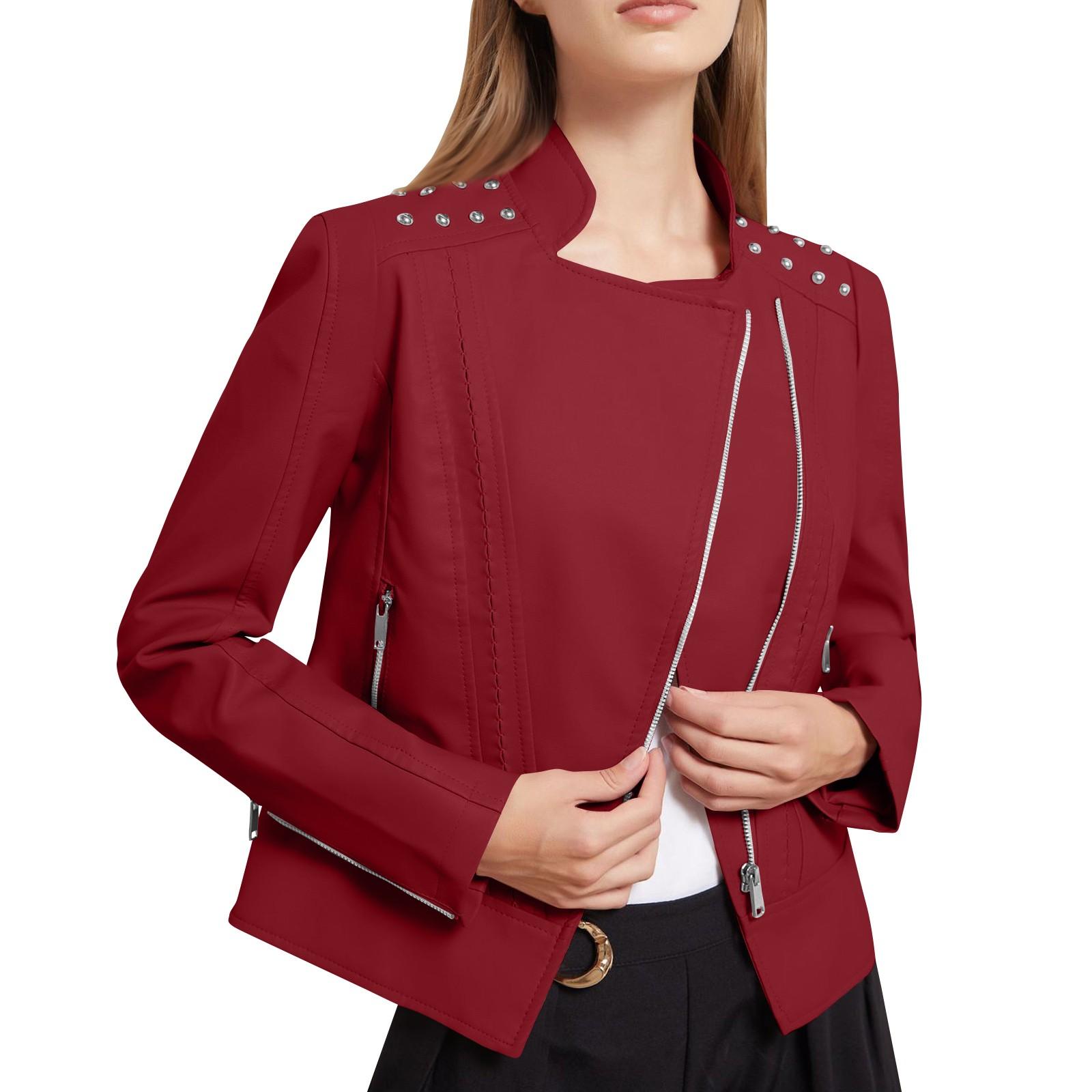 

Женская повседневная кожаная куртка с воротником-стойкой, облегающее пальто на весну и осень XL винный