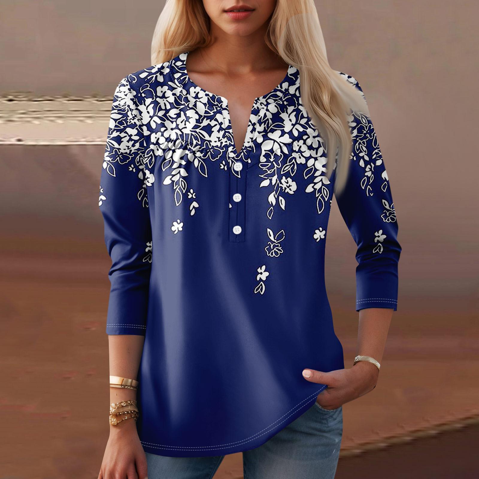 

Женская мода повседневная три четверти рукав V-образный вырез цветочный принт топ L