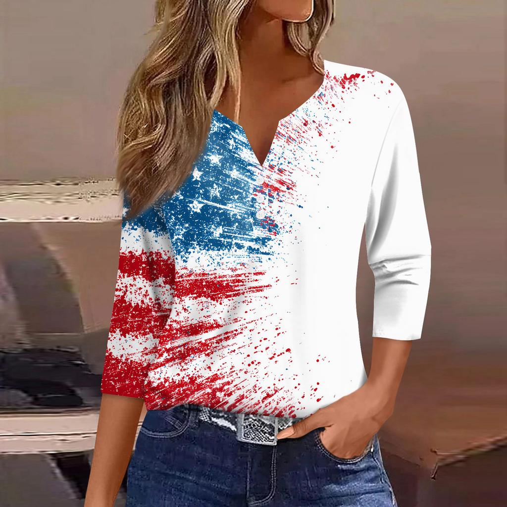 Women's T Shirt Independence Day Print Button 3/4 Sleeve Daily Weekend Fashion Basic V- Neck Regular Top