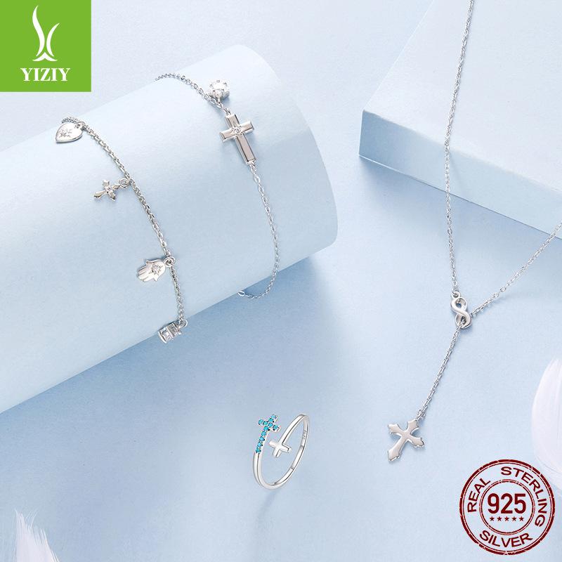 S925 Sterling Silver Thanksgiving Cross Bracelet Necklace Jewelry Set, Cold Turquoise Ring