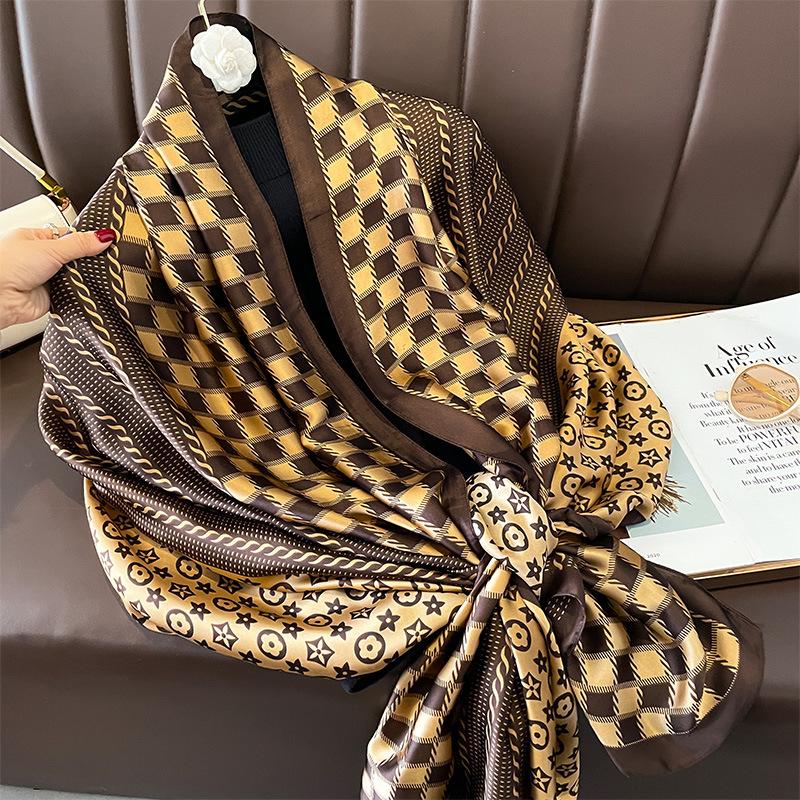 Classic Print Scarf Elegant Imitation Silk Shawl Women Windproof Head Wraps Casual Outdoor Travel Beach Towel