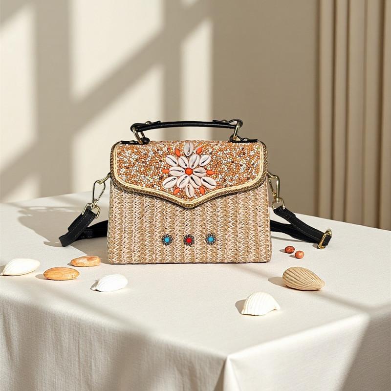 2025 Fashion Design Cherry Pattern Creative Straw Woven Patchwork Small Handbags Cute Crossbody Shoulder Bag Travel Beach Bag