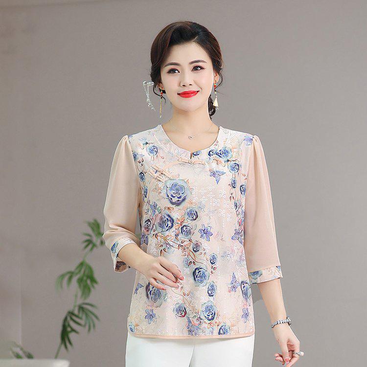 

Mom s Summer Chiffon Blouse - Women s Plus Size Chinese Style Mid-Sleeve Shirt for Middle-Aged & Elderly 6XL: 165-180 lbs