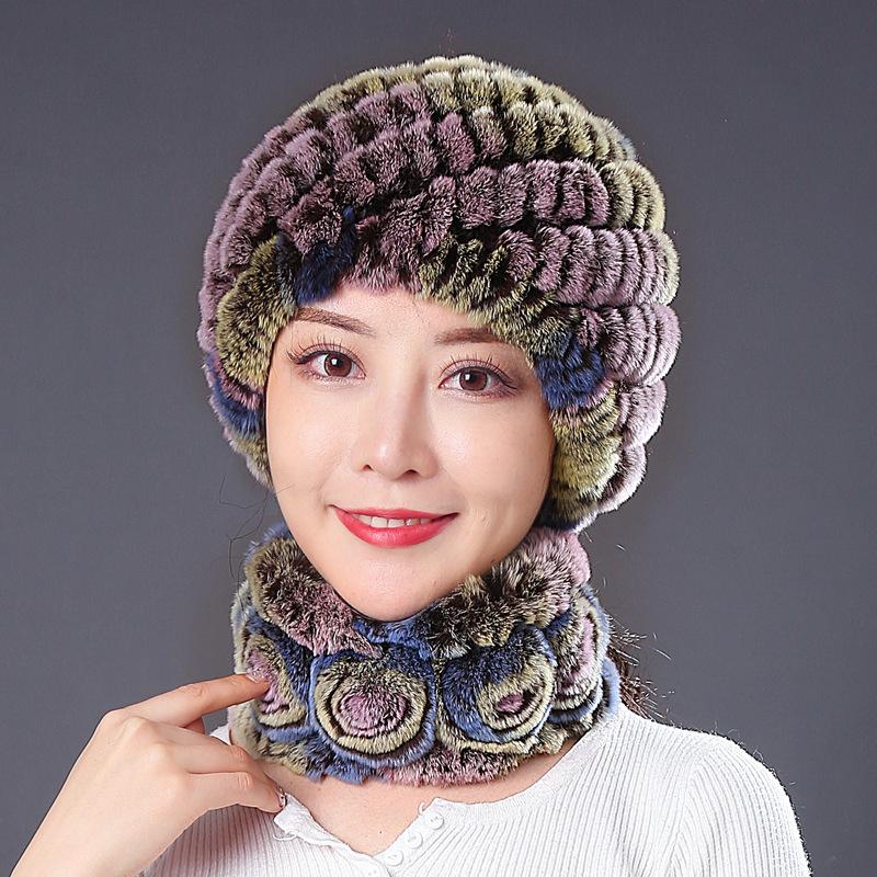 Hat Female Autumn Winter Trendy Versatile Rex Rabbit Hair Cycling Warm Ear Protection Fur Hat Scarf Set