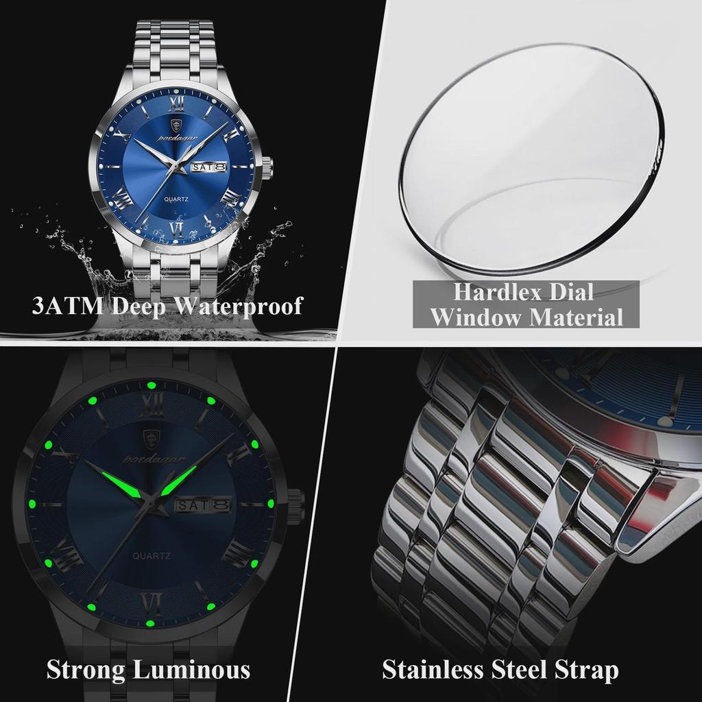POEDAGAR Luxury Man Clock Waterproof Luminous Week Date Fashion Men's Wristwatch Stainless Steel Business Quartz Watches For Men