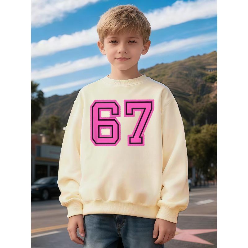 Unisex Kids Crewneck Sweatshirt, Pink Double Outline Number 67 Print Long Sleeve Pullover, Boys Girls Birthday Sweatshirt For Kids Over 4 Years Old
