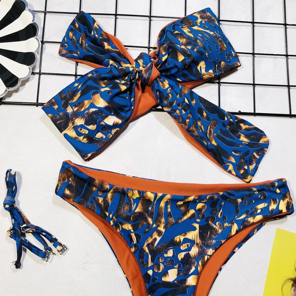 Sexy Bikini Bandeau Women Blue Print Bowknot Swimwear Swimsuit Bikinis Set Bathing Suit Beach Bikini Female Removable Strap