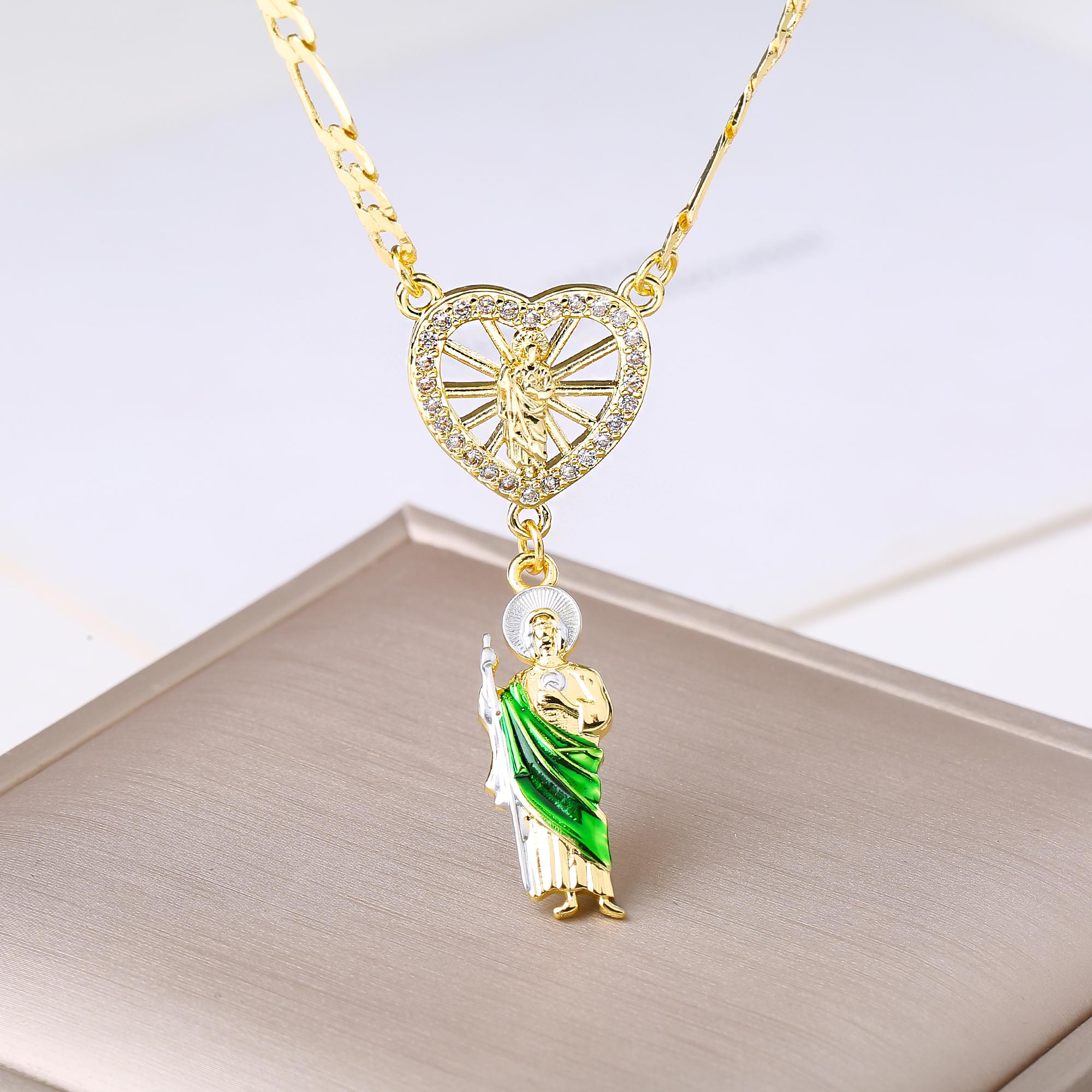 

Religious Saint Jude Necklace Gold Plated Heart Pendant Enamel Catholic Patron Saint Zircon for Women Men Faith Amulet Gift