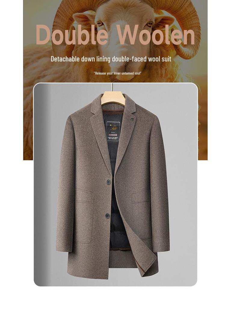Herren Mittellanger High-End Kaschmirmantel mit abnehmbarem Daunenfutter und Anzugkragen für Herbst/Winter.
