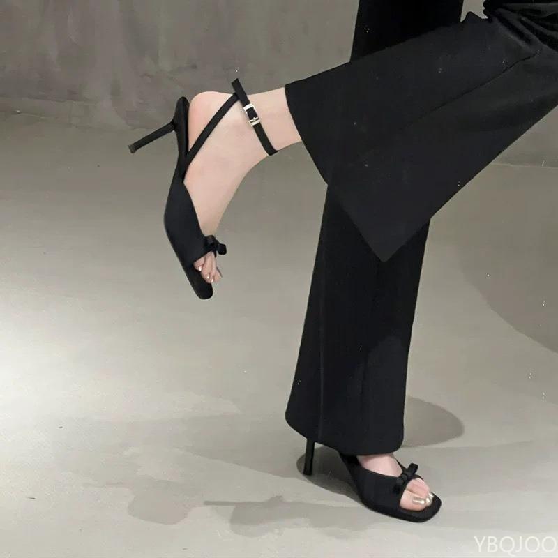 Summer new style elegant slim heel bow sandals fashionable square toe with high heels for women's outdoor wear