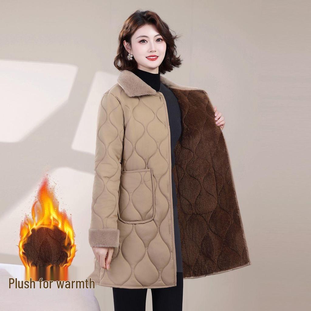 Stylish Mid-Length Winter Cotton Coat for Middle-Aged and Elderly Women with Plush Lining
