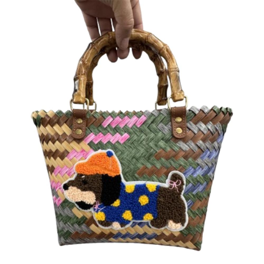 Puppy Pattern Retro Striped Woven Bag Bamboo Handle Summer Women's Handbag  Casual Shopping