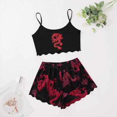 Dragon Print Slip Vest Pajama Women Gothic Summer Sleepwear Harajuku Casual Large Size Black Sling Short Nightgown Homewear Set