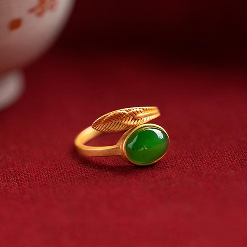 

Retro Court Style Green Leaf Hetian Jade Feather Ring for Women Adjustable