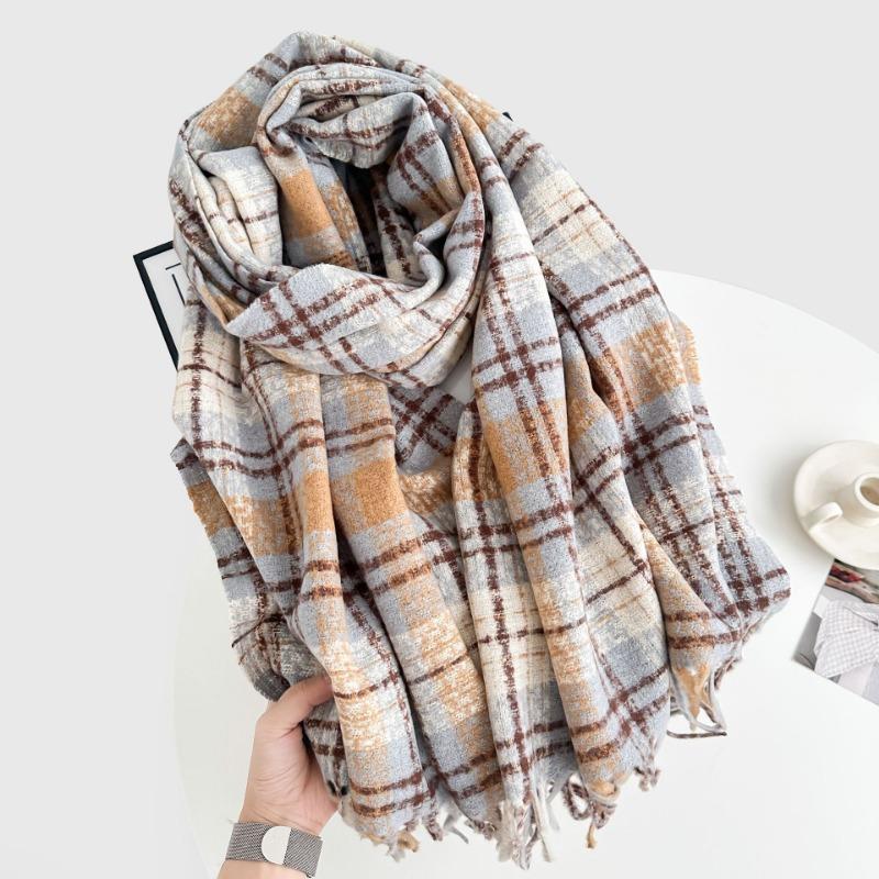 Retro new plaid scarf women's autumn and winter versatile warm thickened imitation cashmere shawl scarf dual-purpose