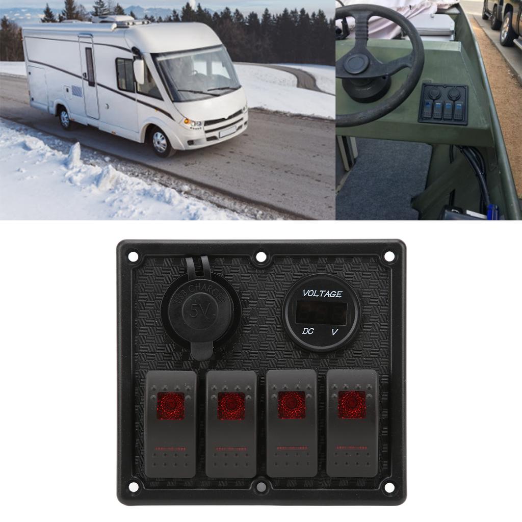 4 Gang Rocker Panel 5Pin with Voltmeter 4.8A Dual USB Fast Charging Slot for Car RV Yacht