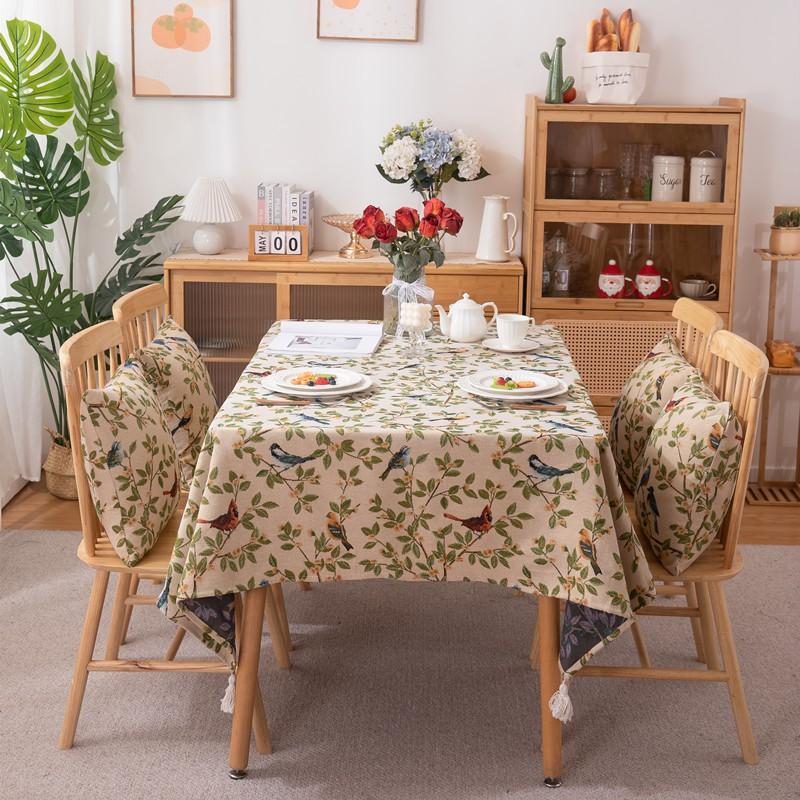 Vintage Woven Floral Bird Tablecloth Rectangle Tassel Table Cover Dining Coffee