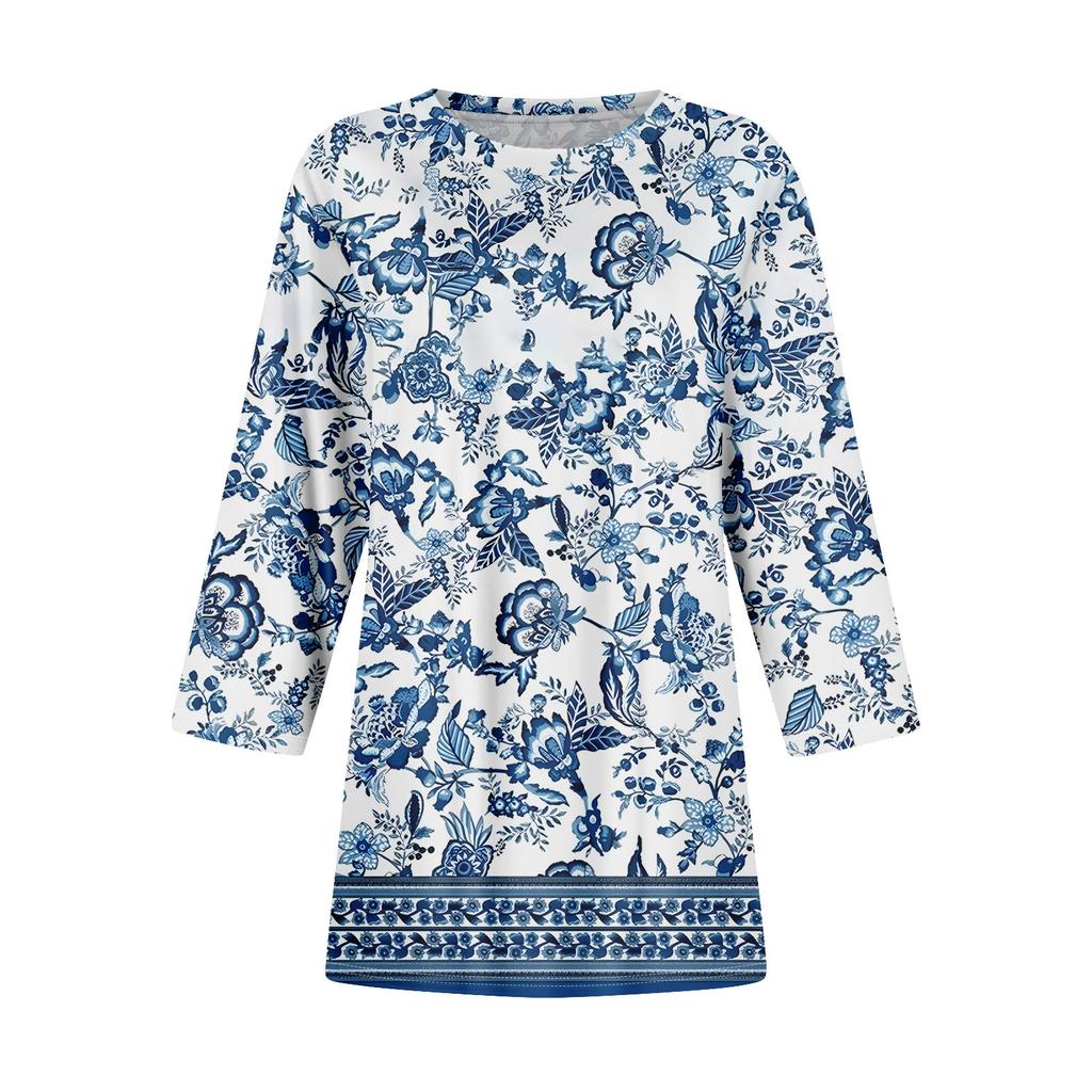 Tunic Tops For Women Loose Fit Prints Tops 3/4 Length Sleeve Womens Tops With Asymmetrical Hem