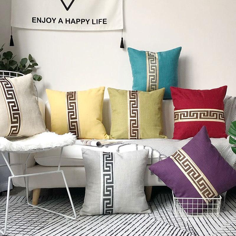 New Modern European Style Plaid Striped Linen Solid Color Pillowcase Office Home Sofa Cushion Cover Core