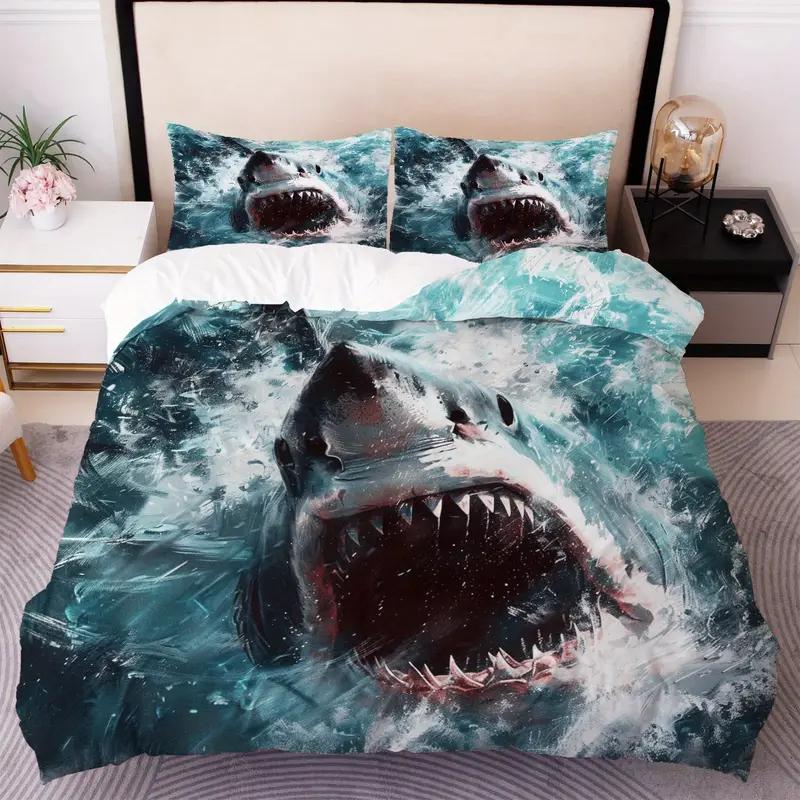 Comforter 2/3Pcs Oceanic Shark Bedding Set High-Definition Digital Print Duver 3D Pattern Soft & Skin-Friendly Bedroom