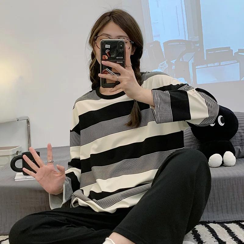 

Пижама женская с длинным рукавом комплект свободные длинные брюки домашняя одежда классический черный полосатый повседневный комплект из двух предметов XL чёрный