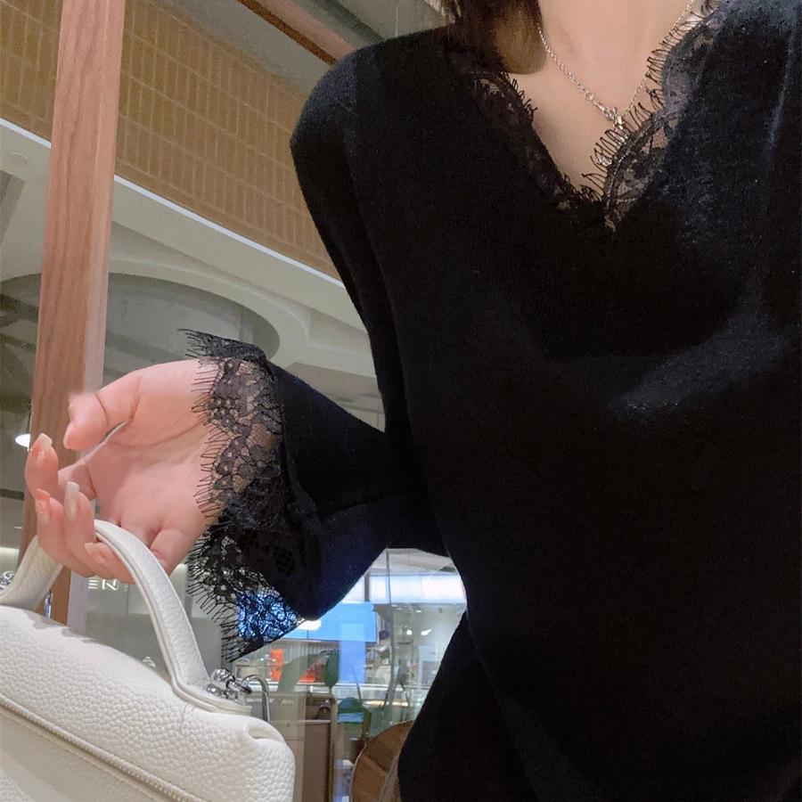 

High-End White Lace V-Neck Knitted Sweater: Women s Slim-Fit Base Top for a Chic, Elegant Look One Size чёрный
