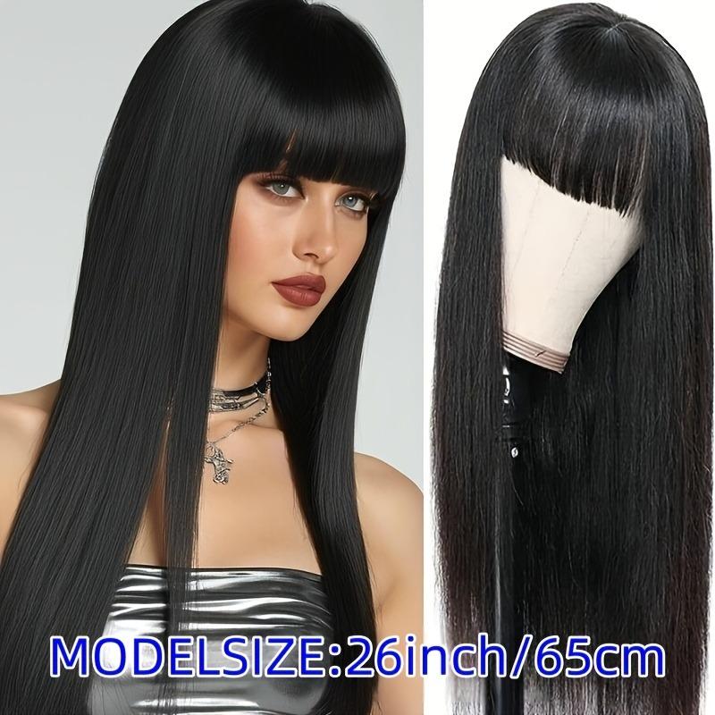 26 Inch Black Straight Synthetic Wig with Bangs, High Density - Natural Looking, Great for Women, Perfect for Daily Wear, Music
