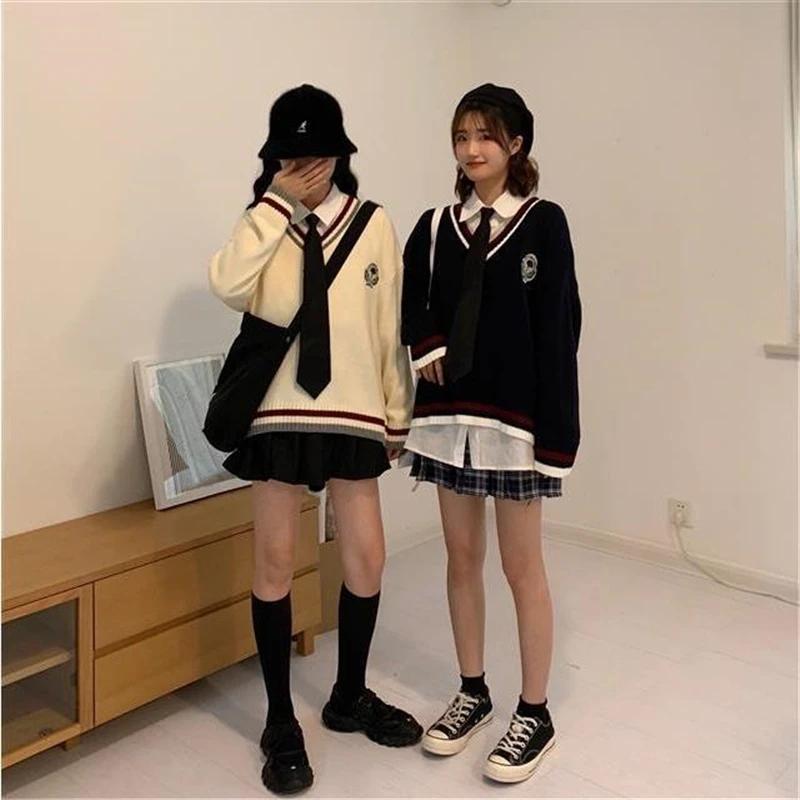 New  Japanese Preppy Pullover JK Sweater Loose Casual Long Sleeves Student Long-sleeved Knit V-neck Pullover School Uniform