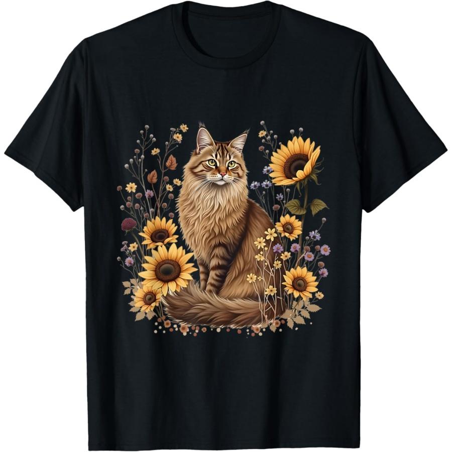 Rustic Maine Coon Cat with Sunflowers Floral Feline Art T-Shirt XXXXXL чёрный