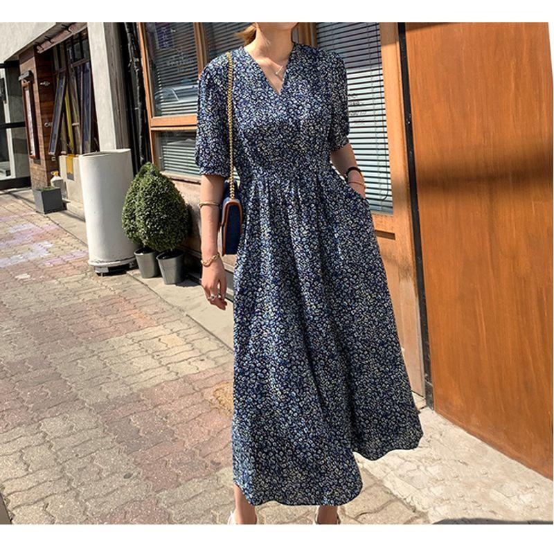 

Korean Style V-neck Slimming Pocket Lace-up Short Sleeve Blue 3XL