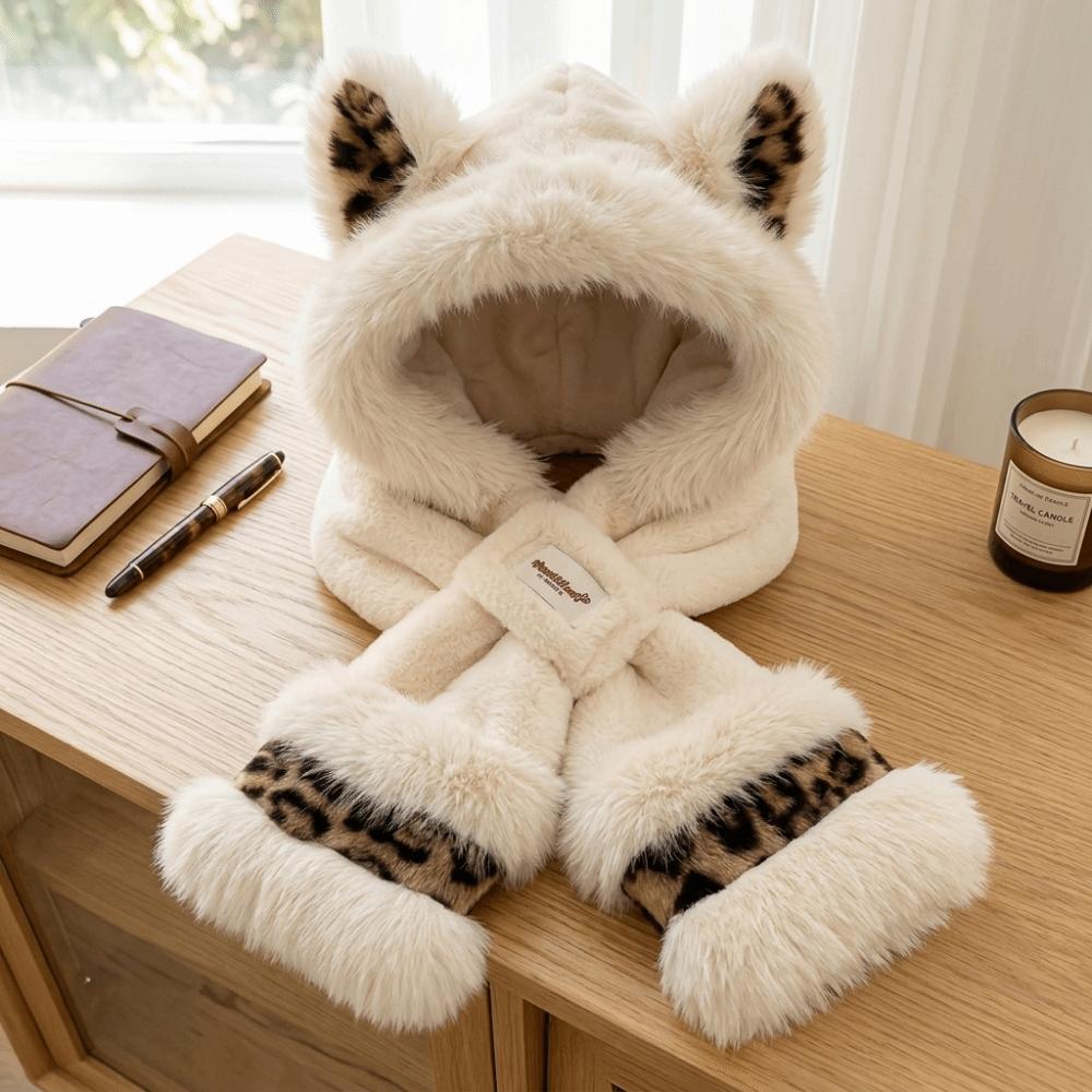 Polyester Plush Hat Scarf Set Leopard Fox Ear Hat Set Cozy Hooded Neck Warmer For Women