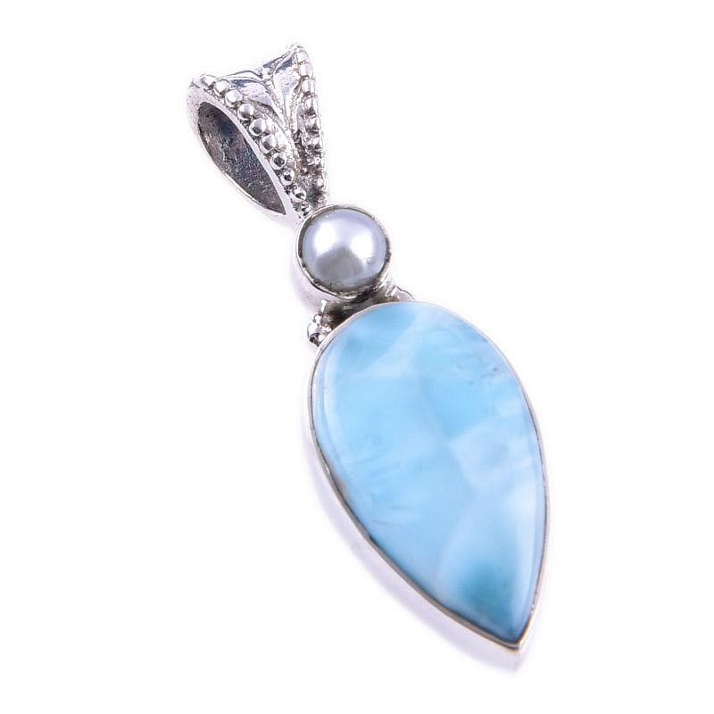 Natural Republic Larimar, Pearl 925 Solid Sterling Silver Pendant 1.25'' M7p48