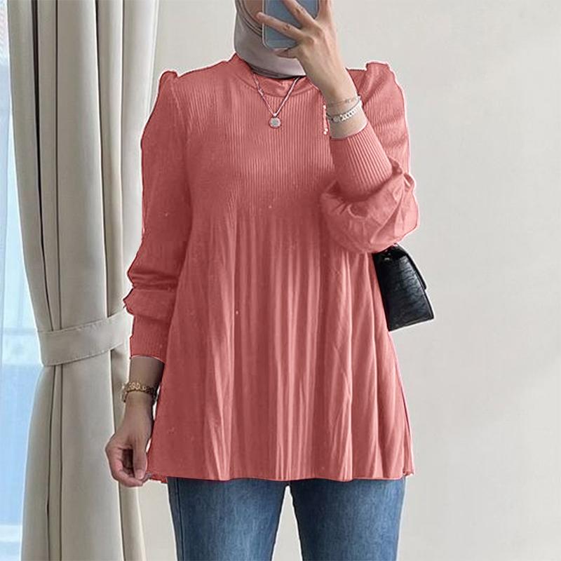 

ZANZEA Женская повседневная блузка с круглым вырезом и длинным рукавом в складку 3XL камео розовый