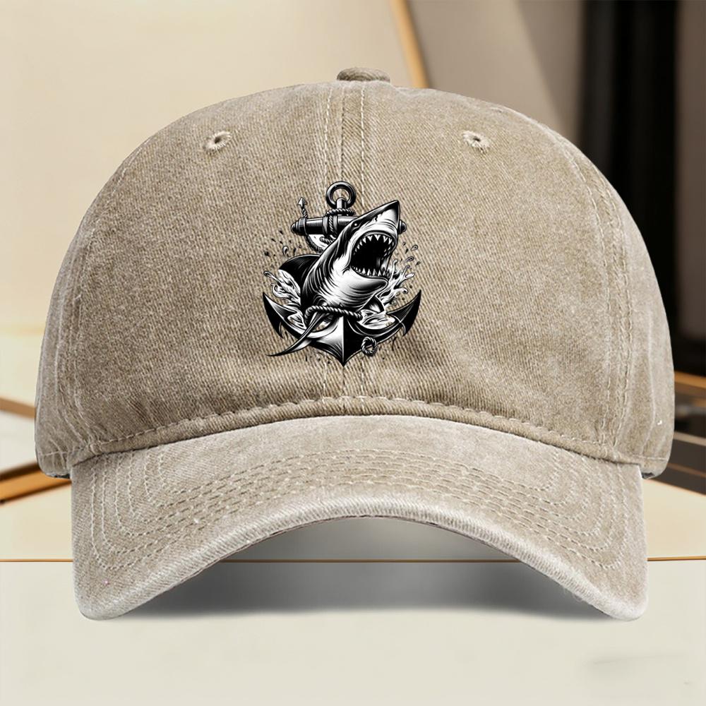 Shark Anchor Print Baseball Cap Vintage Washed Adjustable Snapback Hat Streetwear for Men Women