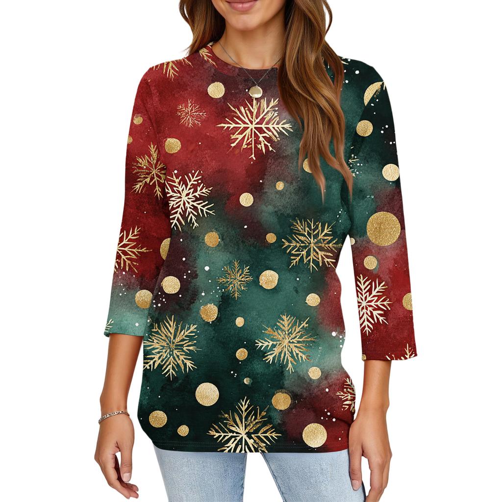 Women's Fashion Casual Christmas Printed Round Neck Long Sleeve Pullover Top