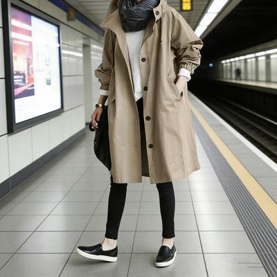 Damen Trench Hoodie Jacke Übergroße Windjacke Mantel Langarm Baumwolle Lockerer Schnitt Herbst