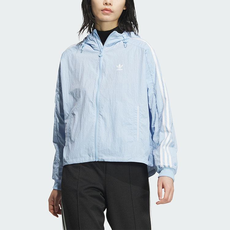 Adidas Originals Adibreak Hooded Windbreaker Jacket, Women's Snap Button Closure Powder Blue Outerwear JI7481