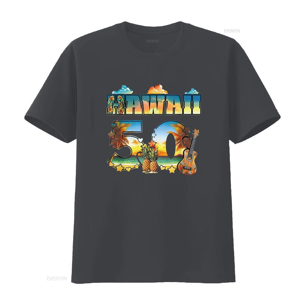 Hawaii 50. Bundesstaat Hawaiianischer Strand Hibiskus 50 Maui Damen Sommer T-Shirt Lässig und Bequem vintage gewaschen Atmungsaktiv