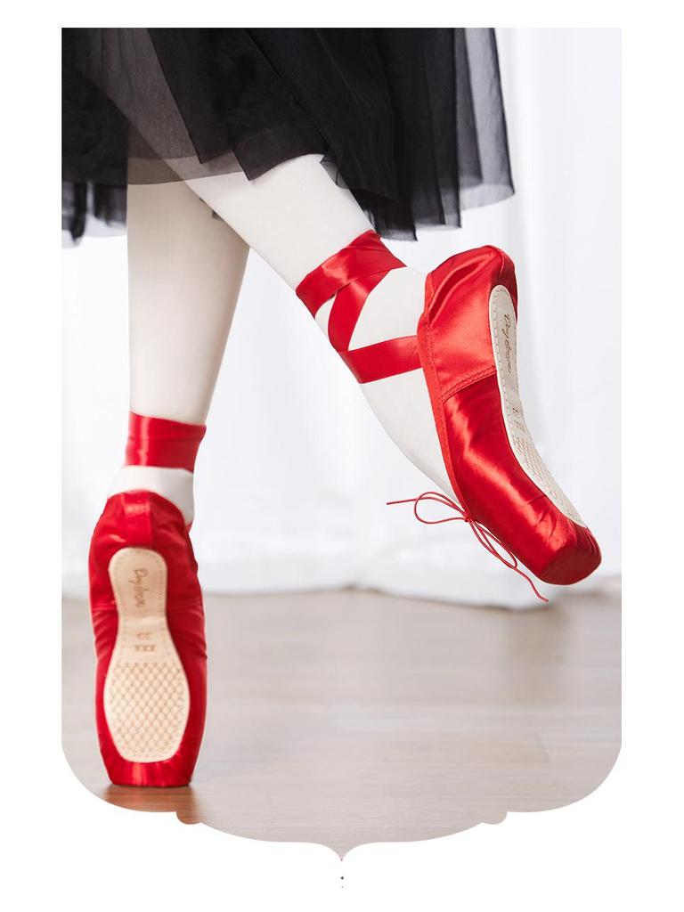 Dětské růžové saténové špičky pro začátečníky se stuhou - Tvrdá podrážka Dospělé taneční cvičky