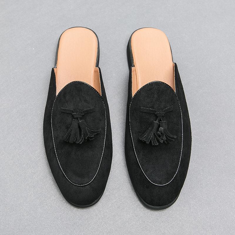 

Men s Green Black Beige Half Slippers LoafersCasual Suede Leather Moccasins Tassels No Follow-up Comfort Breathable Home Shoes 46 чёрный