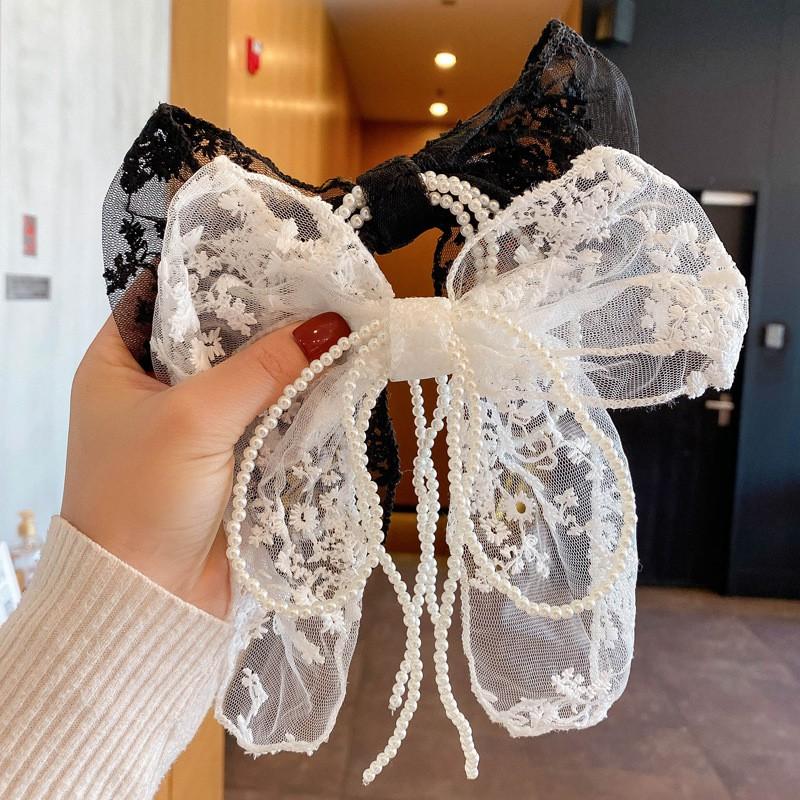 Handmade Lace Bow Hair Clip With Embroidery Pearl Trim Clamp Women Boho Chic Updo Accessory