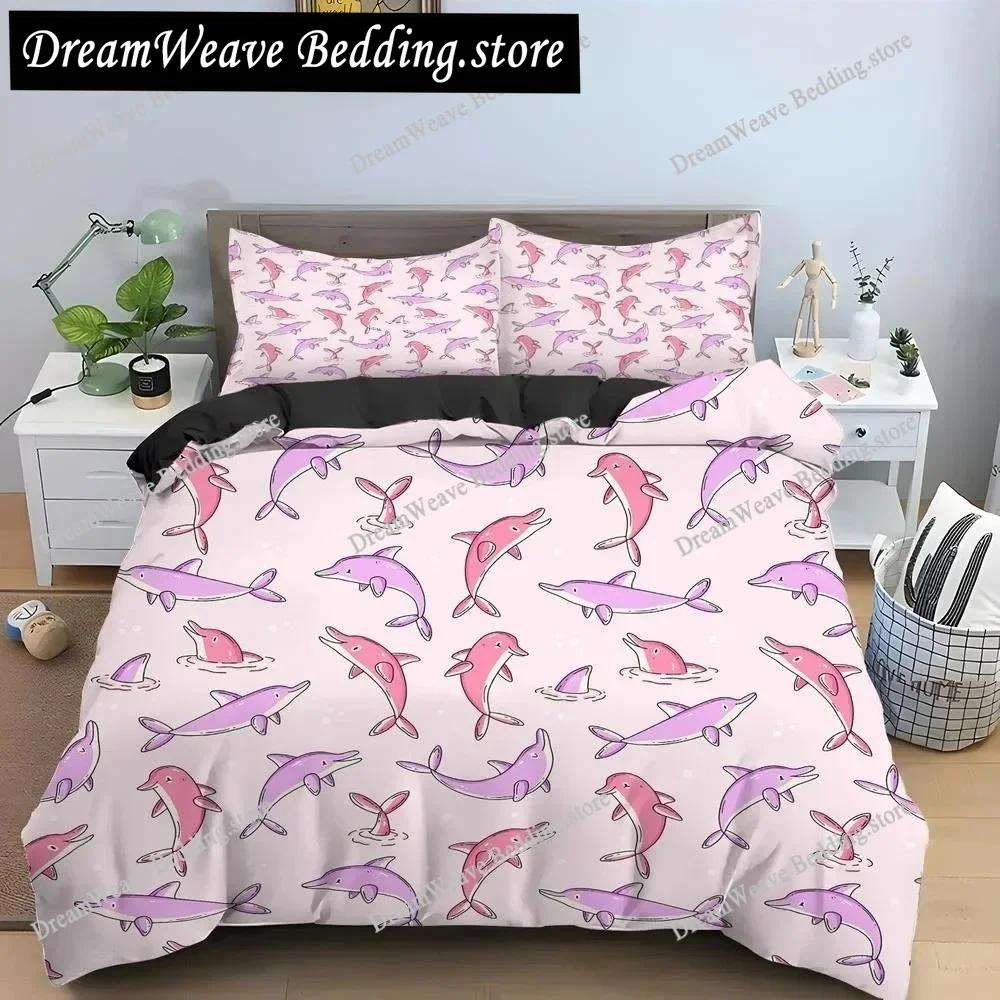 Bule Dolphin Whale King Queen Duvet Cover Underwater World Bedding Set Cartoon Sea Animal Comforter Cover Polyester Quilt Cover