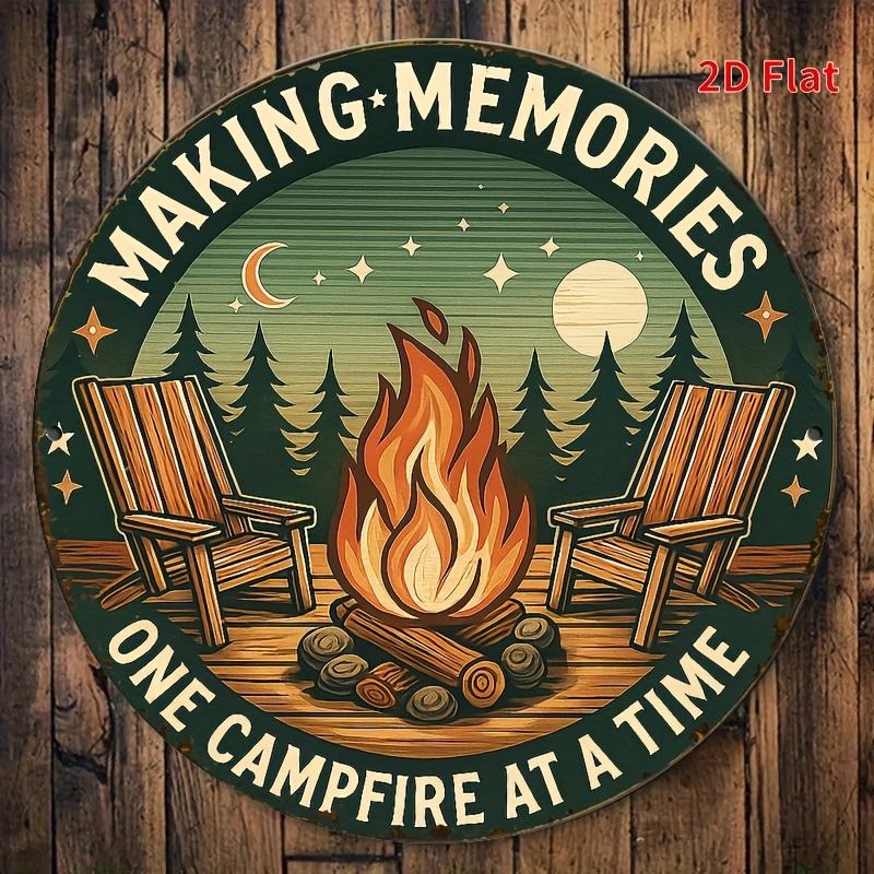 HD Tin Sign Making Memories One Campfire At A Time Round Vintage Metal Wall Art Retro Camping Decor 20x20cm(8x8inch)